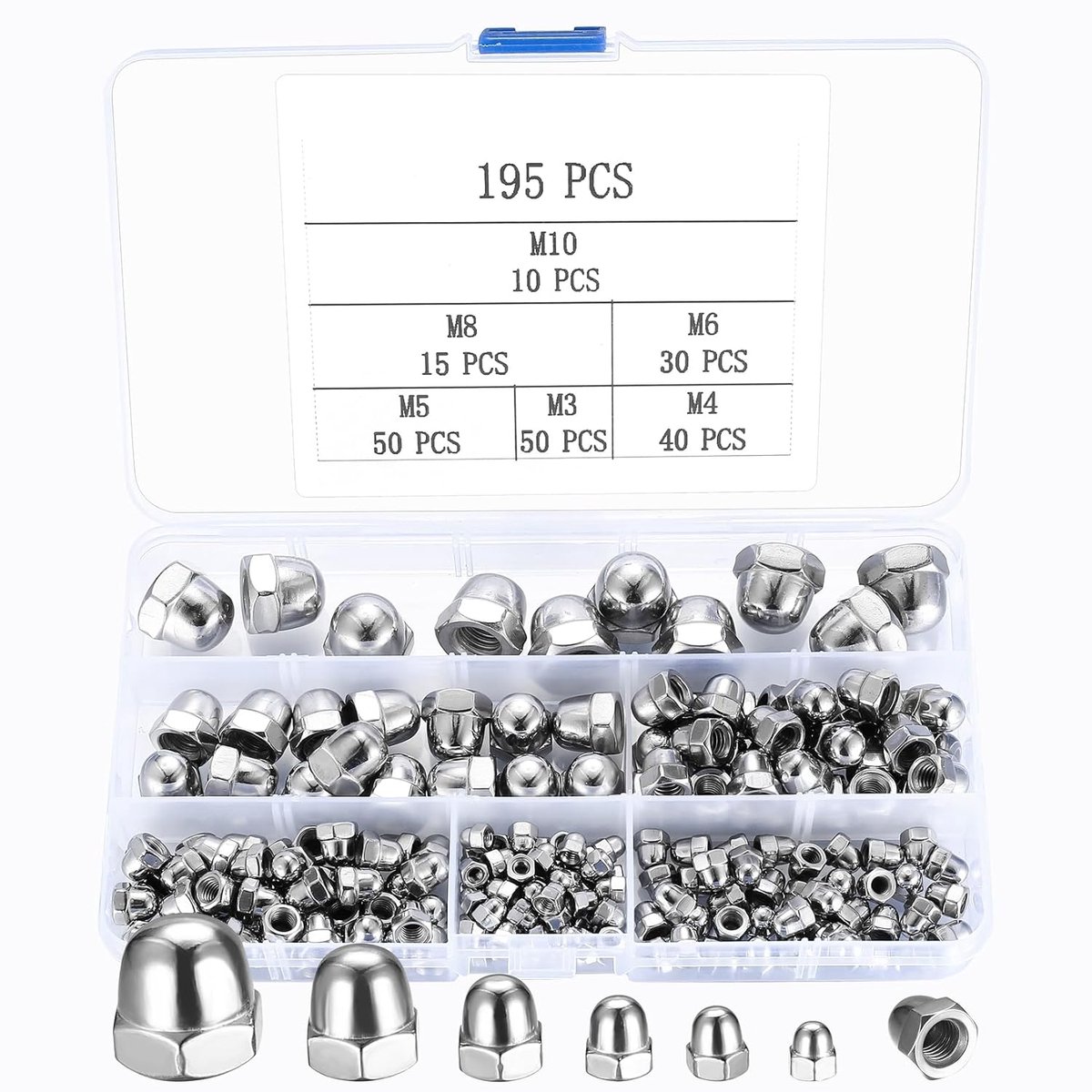 Cap Nuts High Shape Set 195 Stuks - RVS Hex Moeren - Duurzaam en Corrosiebestendig - Ideaal voor Bevestiging - SnelShoppen