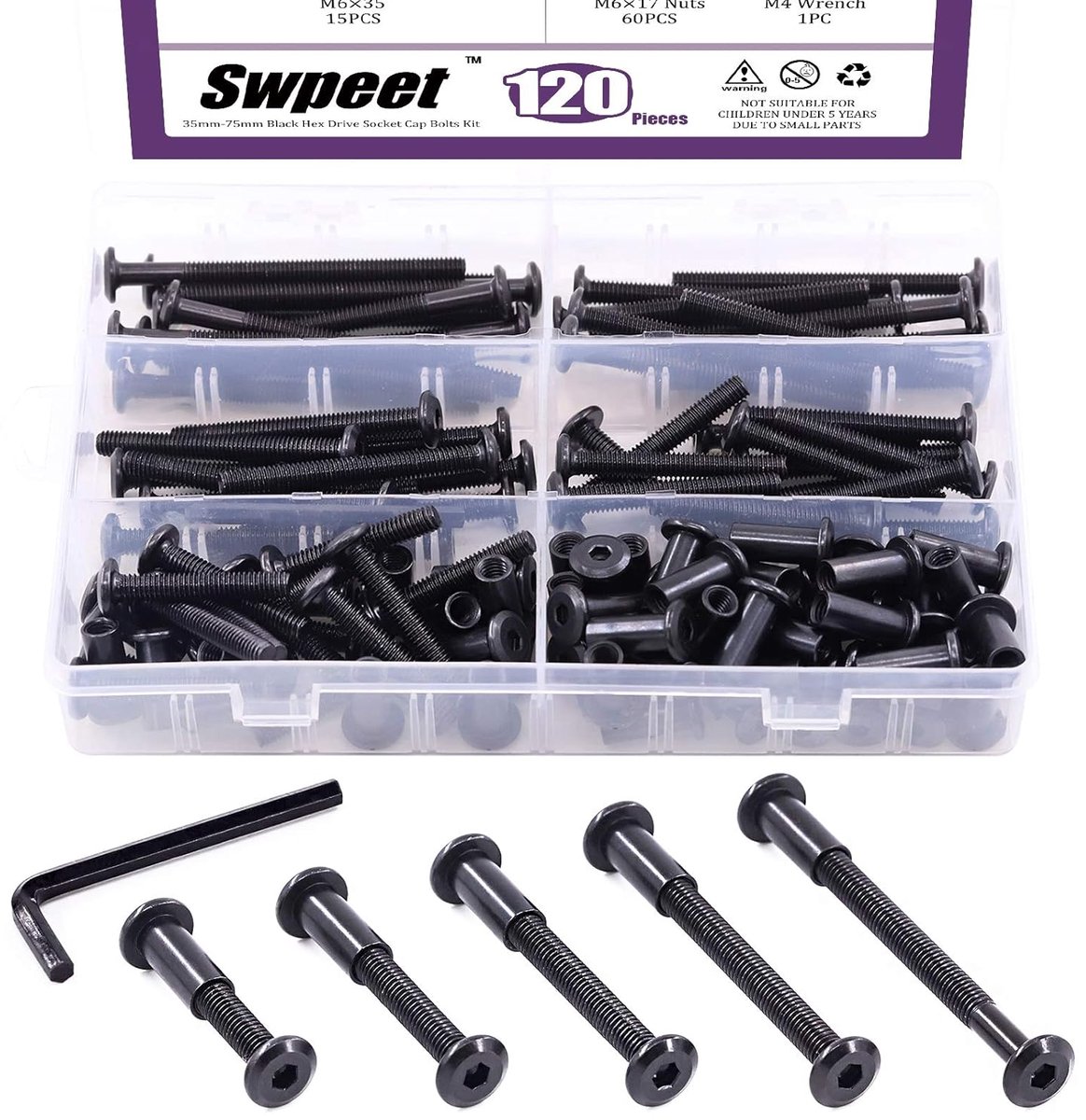 Dailygoods - 120 Stuks M6 Koolstofstaal Zwart Hex Drive Socket Cap Bouten Kit met Inbussleutel