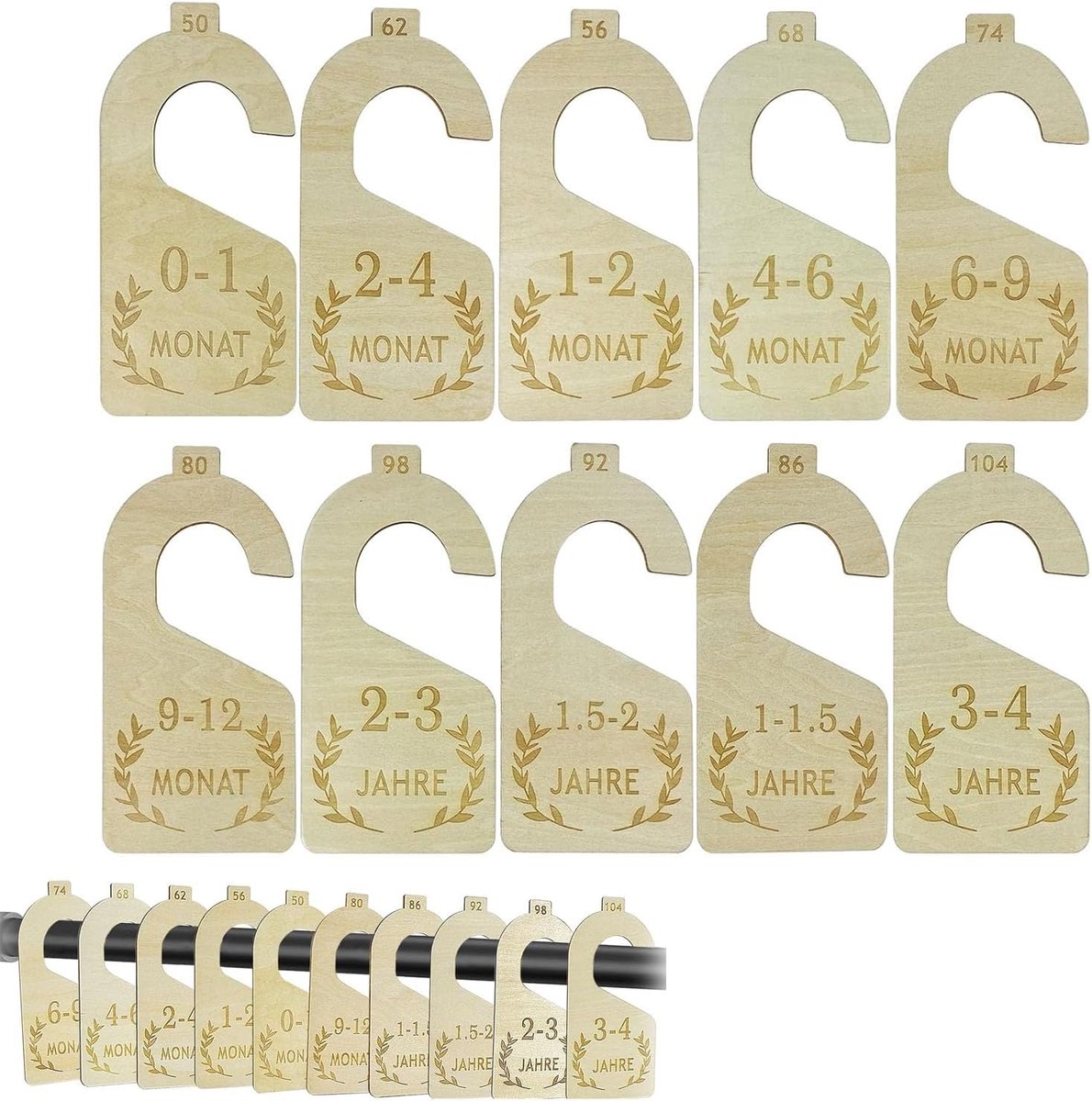 Kledingmaat verdeler set baby - 10-delige maten 50-104 - Houten maatindicators - Organiseer babykamer eenvoudig - SnelShoppen