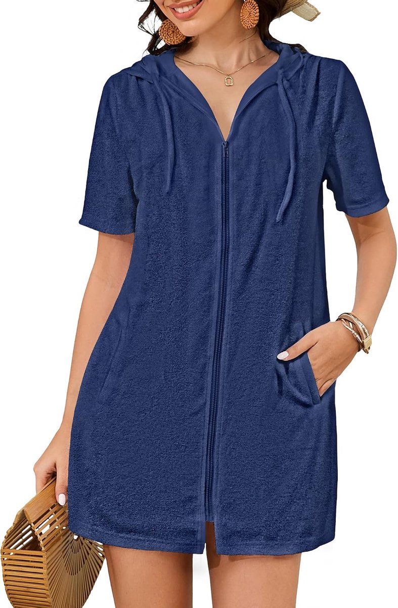 Zwemkleding cover-up - dames met capuchon - met rits en zakken - perfect voor het strand - SnelShoppen