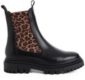 Zwarte leren Chelsea boot met luipaardprint elastische inzetstukken en dikke profielzool.