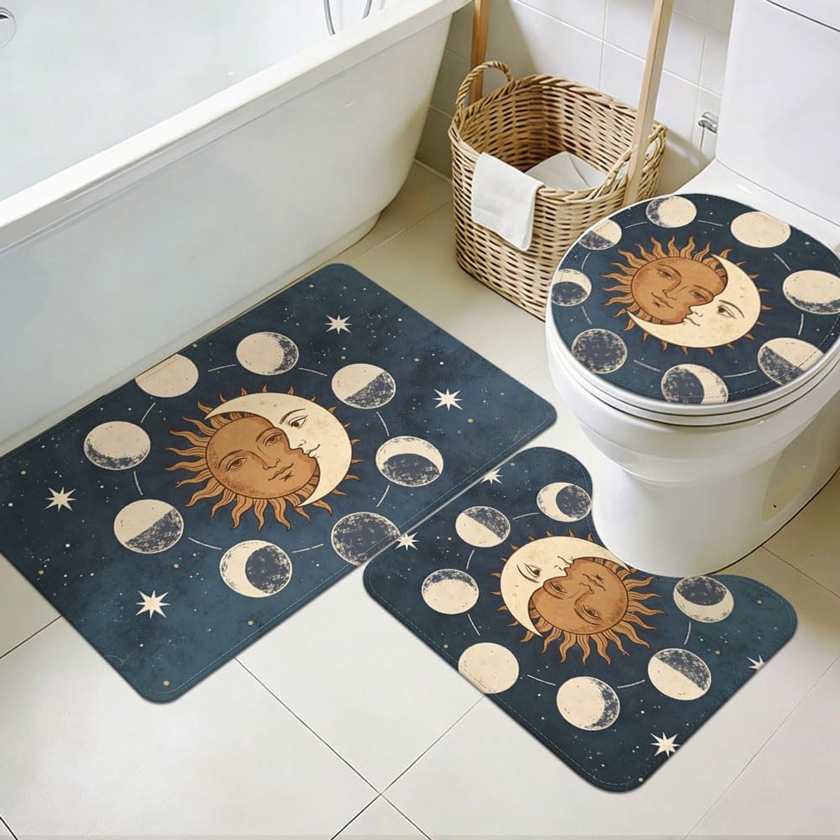 Badkamer tapijt set 3 stuks - zachte antislip badmat - maanfasen design - wasbaar en duurzaam - ShopVlot