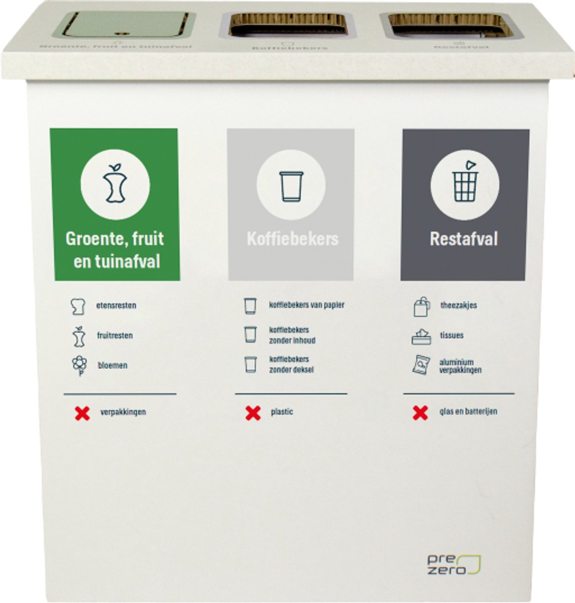 Kartonnen eco bin drie vakken - Plastic/drinkpakken - Papier/karton - Rest - 60 L prullenbak | Andere bedrukking mogelijk - Kartent