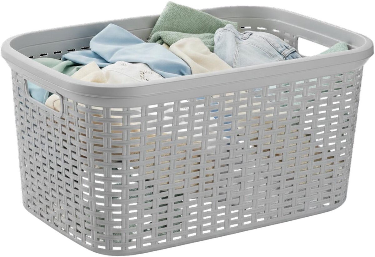 Plasticforte Wasmand - 35 liter - rotan - licht grijs - kunststof - 53 x 36 x 26 cm - draagmand - met handvatten - lichtgewicht