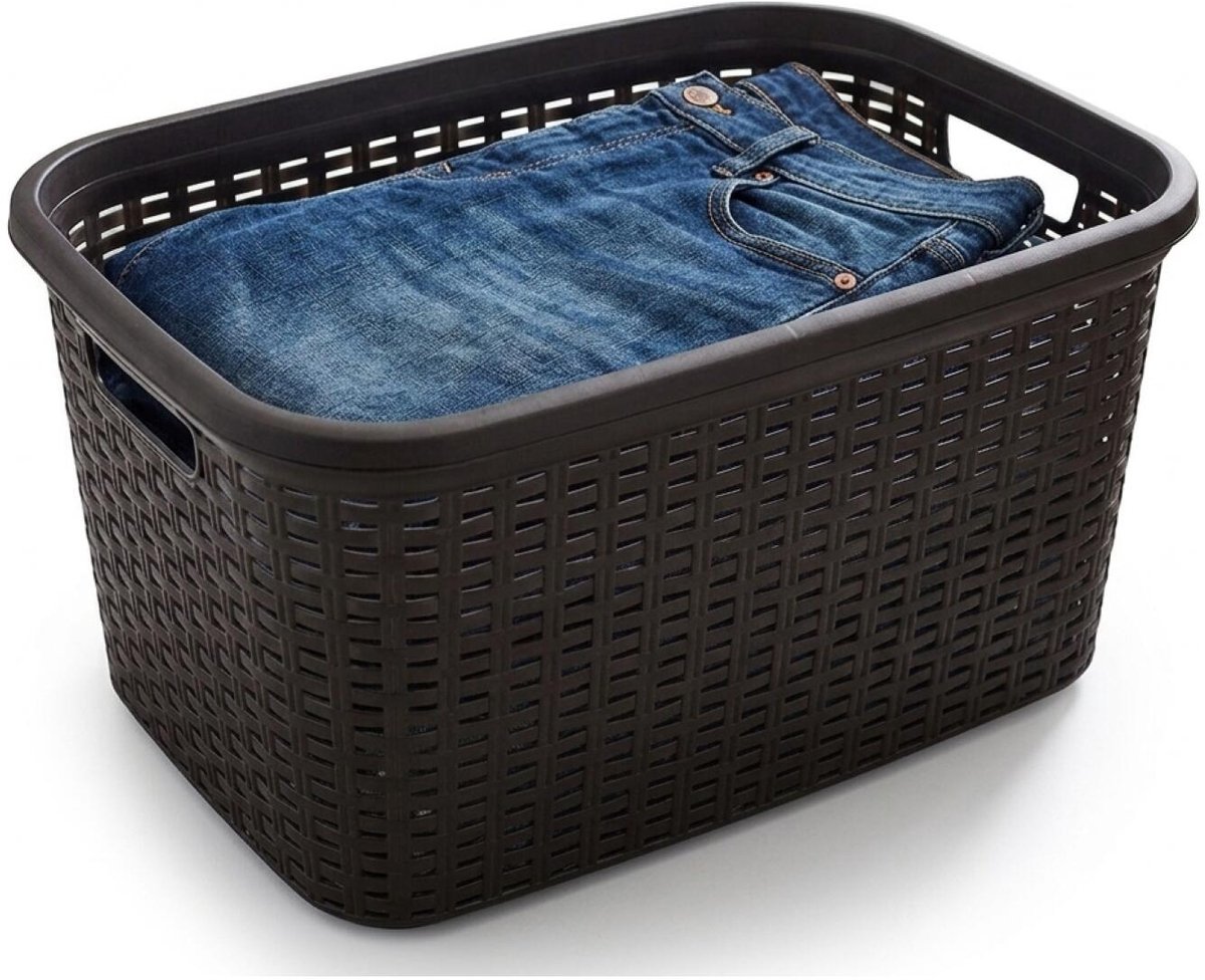 Plasticforte Wasmand - 35 liter - rotan - zwart - kunststof - 53 x 36 x 26 cm - draagmand - met handvatten - lichtgewicht