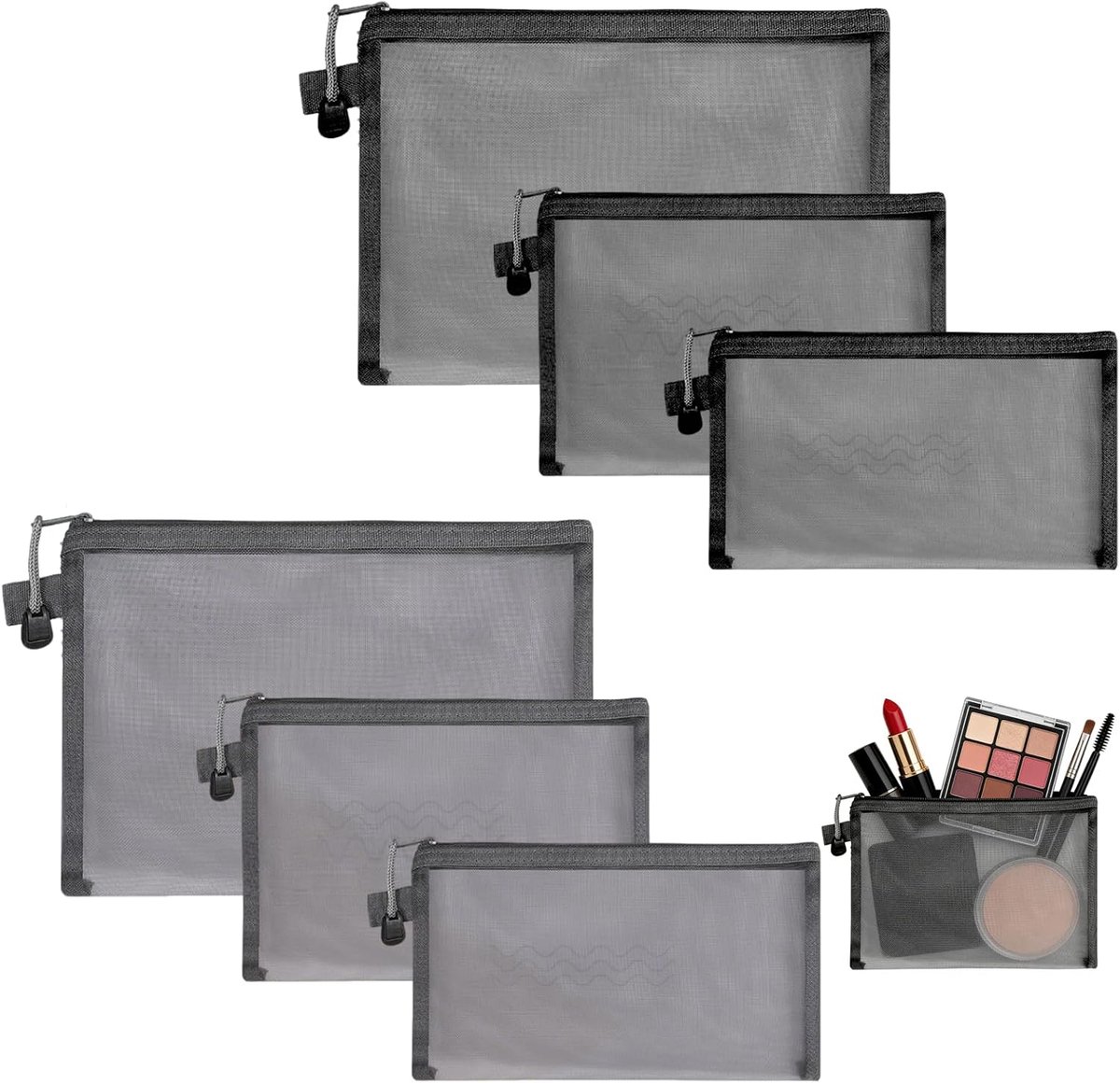 Mesh zakken set van 6 - 3 maten - zwart-grijs - handige opbergruimte voor make-up en reisbenodigdheden - ShopVlot