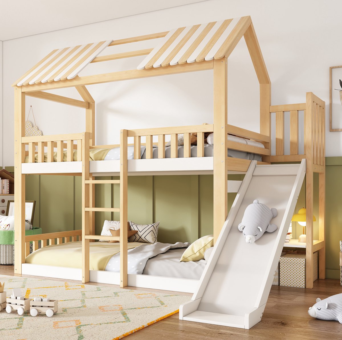 REDOM - Stapelbed voor kinderen - Huisvorm met giebeldak - Met glijbaan en opbergrek - Kinderkamer - Hout en MDF - Naturel en Wit - 247 x 171 x 220 cm