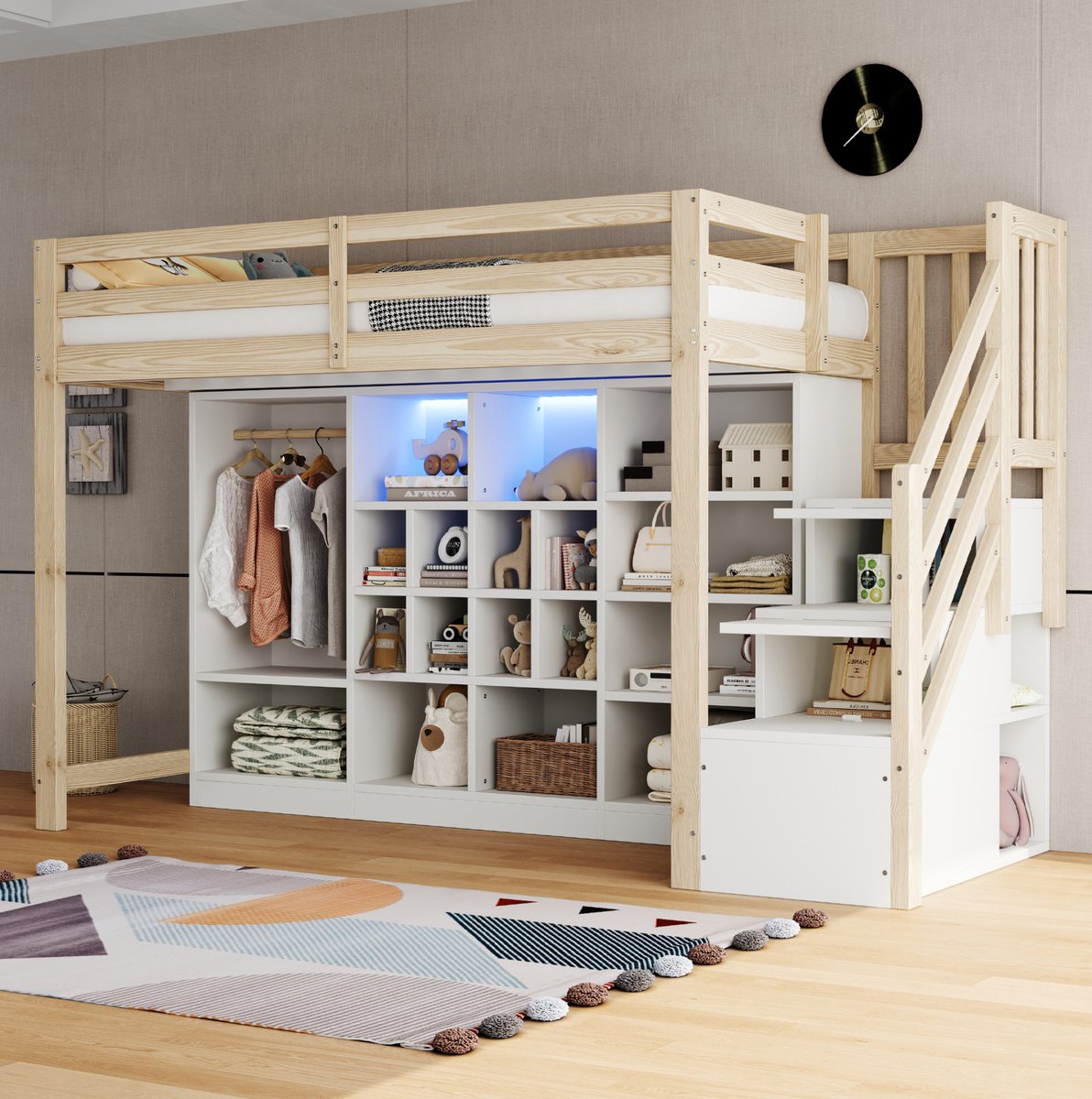 REDOM - Hoogslaper - Geintegreerde opbergruimte - Zijladder met opbergruimte - LED-verlichting - Kinderkamer - Hout en MDF - Houtkleur en wit - 252,7 x 96 x 159,2 cm