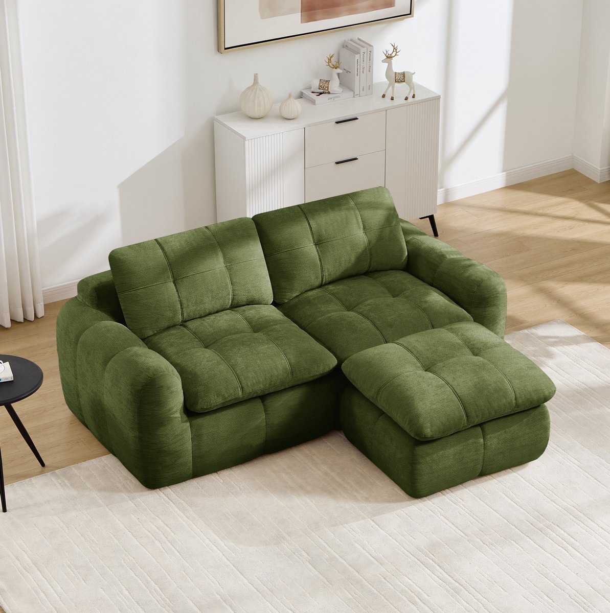 OKWISH Hoekbank – 2-Zits Modulaire Bank Met Ottoman – L-Vormig, Zonder Montage En Met Gestikt Patroon – Voor Woonkamer Of Appartement – Chenille – Groen