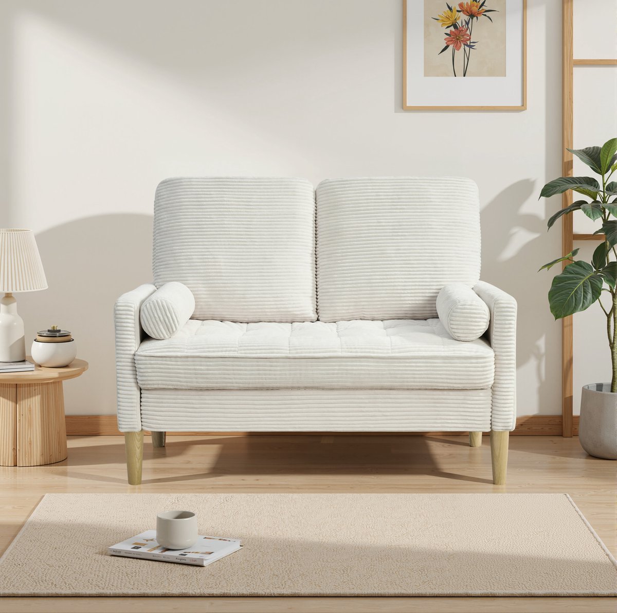 COVREO 2-zitsbank 121 x 76 x 87 cm beige, stof met houten poten
