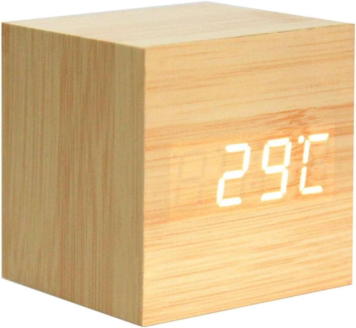SnelShoppen - Modern Design Houten Digitale Klok Cube met LED Display, Geluidsbediening, USB & Batterij, Geel/Wit - Ideaal voor Thuis & Kantoor Decora