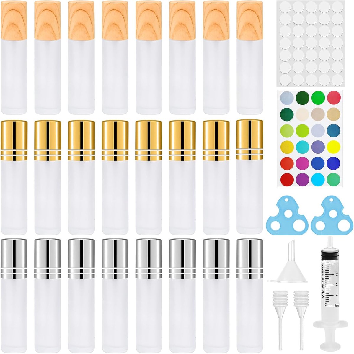 SnelShoppen - Roll On Flesjes Essentiële Olie 10ml - 24 Stuks Met 3 Soorten Doppen - Ronde Flessen Voor Parfum, Massage, Aromatherapie - Met RVS Rolle