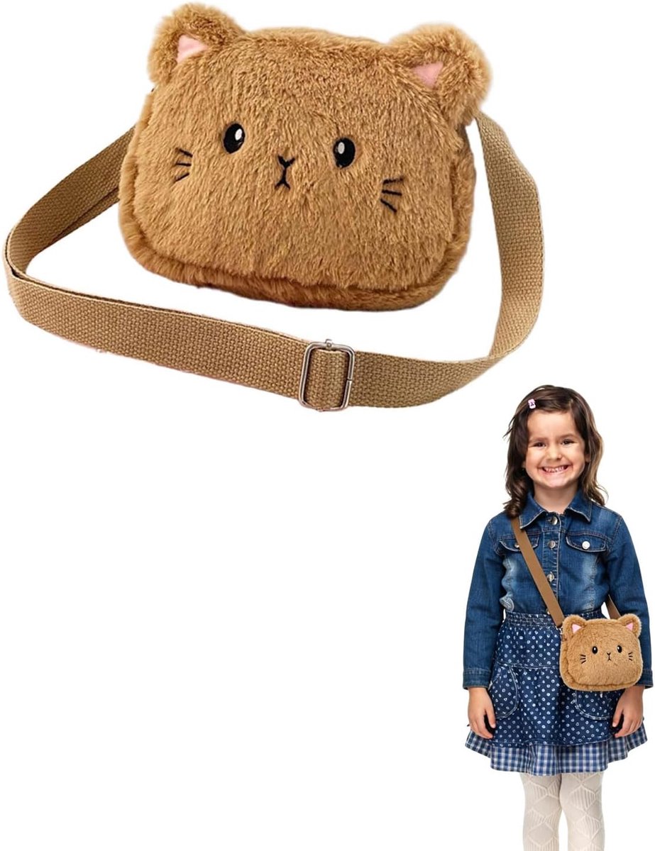 Kindertas Handtas Kat CrossBody - Bruin Verstelbaar - Leuke Schoudertas voor Meisjes - Ideaal voor Dagelijks Gebruik - SnelShoppen