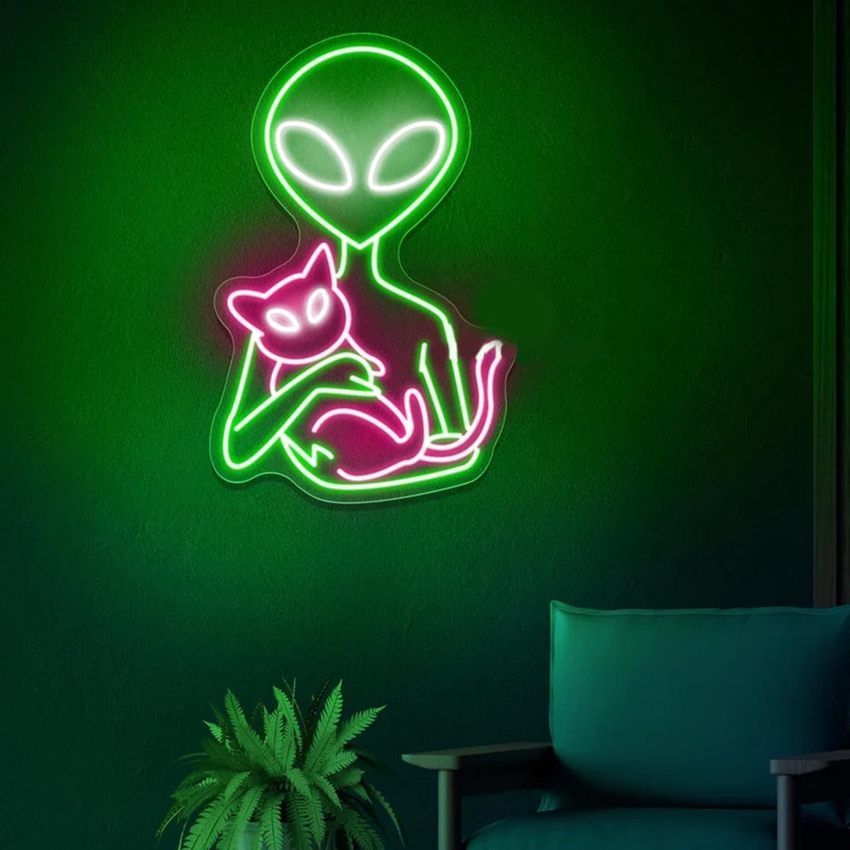 SnelShoppen - Alien Neon Tekens LED Licht - Dimbaar Alien Kat Neon Teken - Aesthetisch Kamer Decor voor Kinderkamer - USB Voeding - 40x30cm