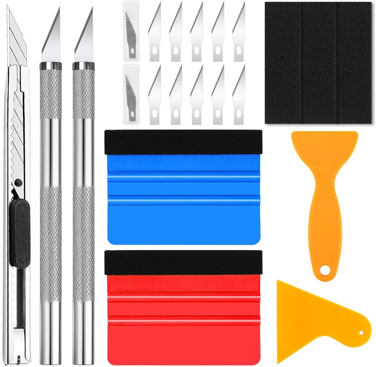 Squeegee set 19-delig - folie gereedschap met vilttrakel - 10 vervangbladen - ideaal voor autobeplakking - SnelShoppen