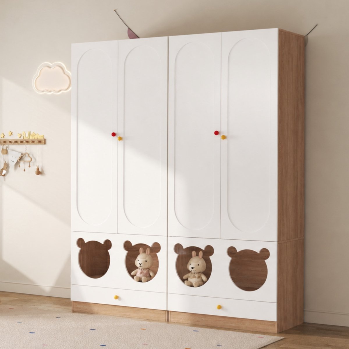 MODENUIT Kinderkledingkast - 2 Deuren Met Kleerhanger En Lades - Natural White - MDF - 80x50x200 Cm