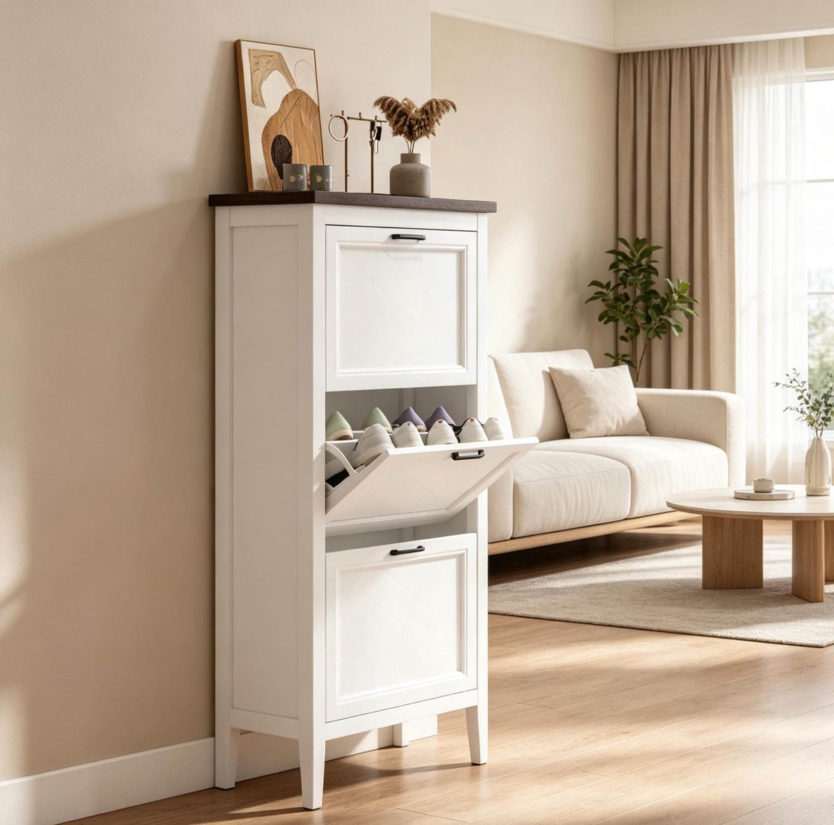 STILVORA Schoenenkast - Smal Design Met 3 Kleppen En Verstelbare Legplanken - Voor Hal En Gang - MDF - 60x26,5x133,7 Cm - Wit