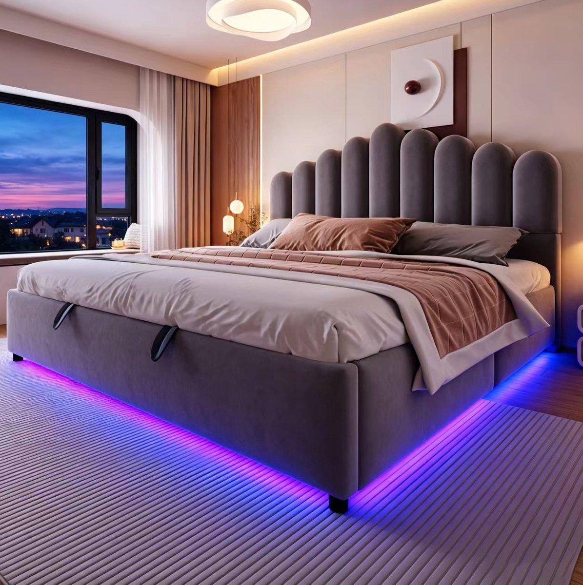 STILVORA Gestoffeerd Bed 180x200 cm – Hydraulisch Opklapbed Met LED-Verlichting – Verborgen Opbergruimte – Fluwelen Bekleding – Grijs – Zonder Matras