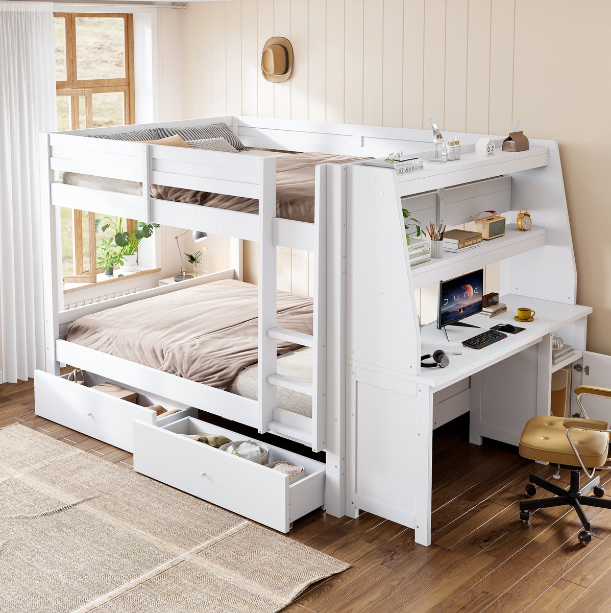 STILVORA Stapelbed 140 x 200 cm – Bureau En Opbergruimte – Links/Rechts Monteerbare Kast – 2 Laden – Kinderkamer – Wit – Zonder Matras