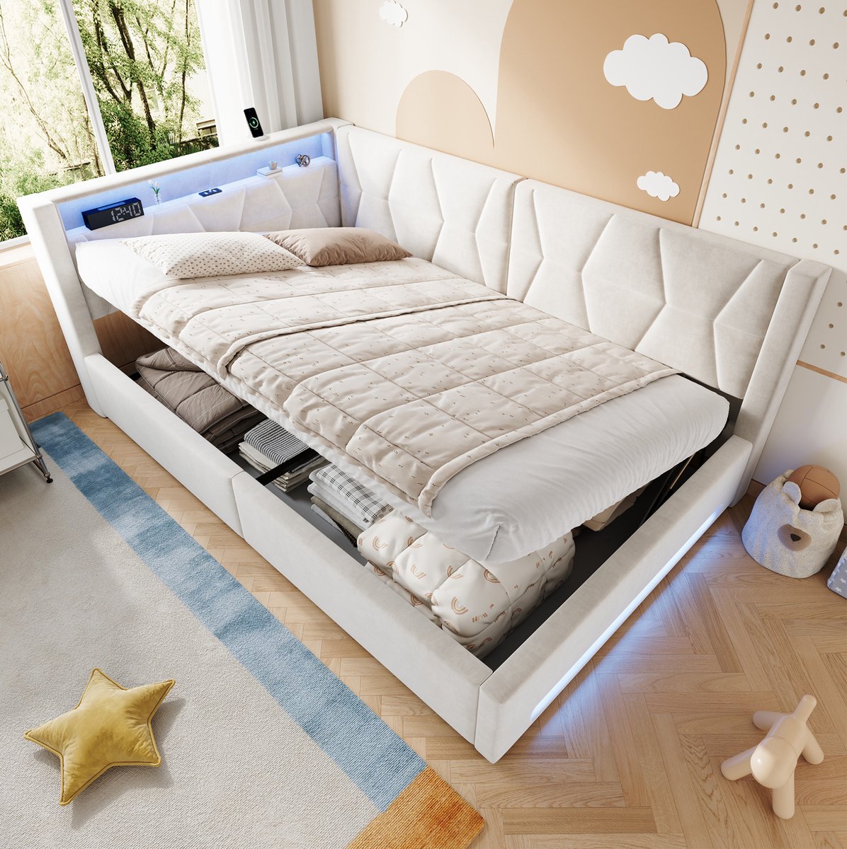 STILVORA Gestoffeerd Bed 140x200 cm – Tweepersoonsbed Met LED En USB C – Hydraulische Opbergruimte – Zonder Matras – Beige