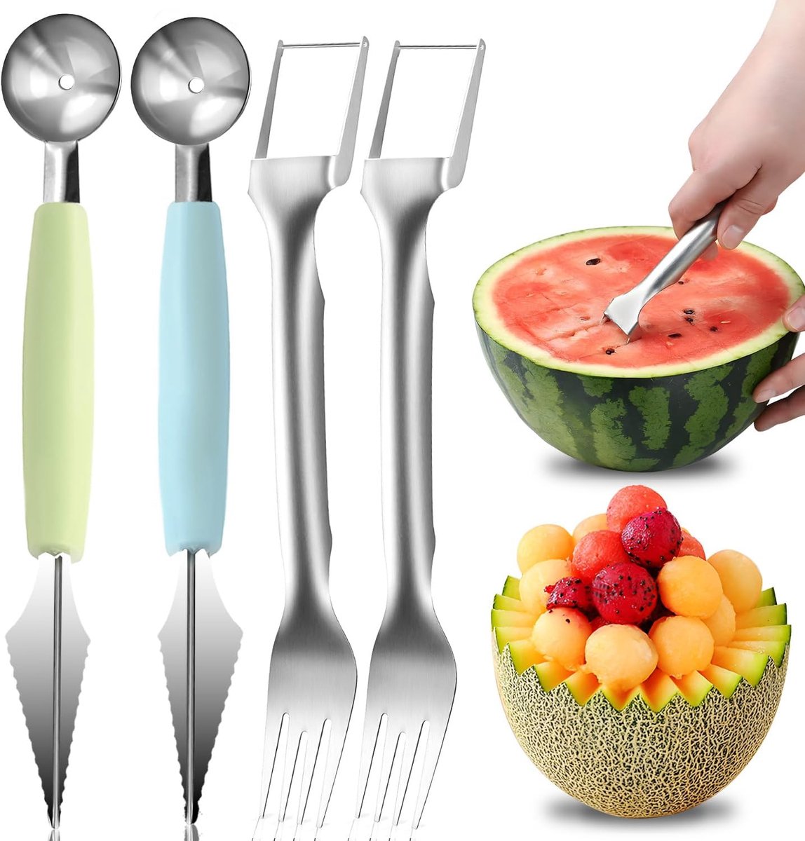 Meloen snijder 4-delig - RVS meloenmes - Perfecte blokjes - Eenvoudig serveren - SnelShoppen