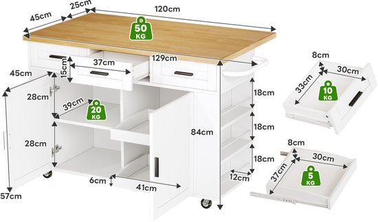 STILVORA Keukeneiland - Met Uitklapbaar Werkblad En Stopcontacten - Verrijdbaar Met Lades En Kast - MDF - 120x45x84 Cm - Wit;Naturel — afbeelding 3