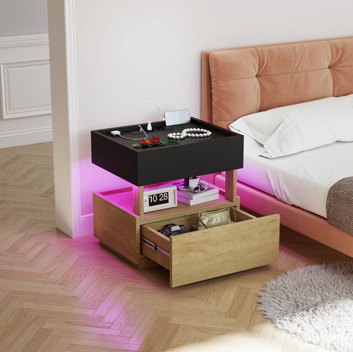 STILVORA Nachtkastje - Met Draadloos Laden, USB En LED-Verlichting - Met 2 Lades Voor Slaapkamer Of Naast Sofa - Hout - 50x40x50 Cm - Zwart;Natuurlijk