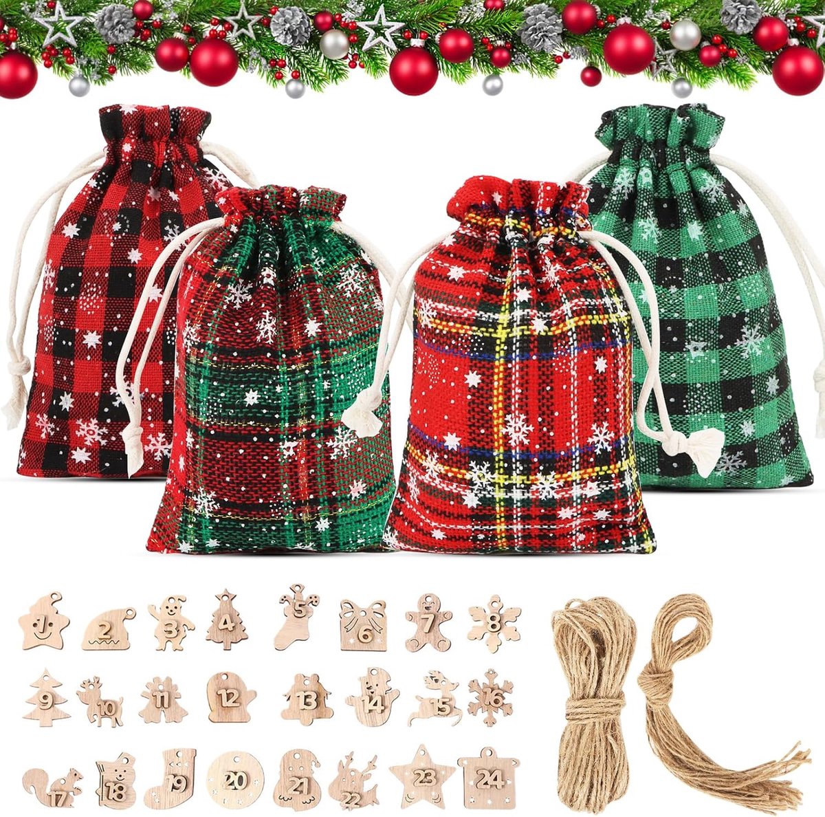 Adventskalender vul je zelf - 24 stoffen kersttassen - rood en groen - DIY kerstdecoratie voor kinderen - SnelShoppen