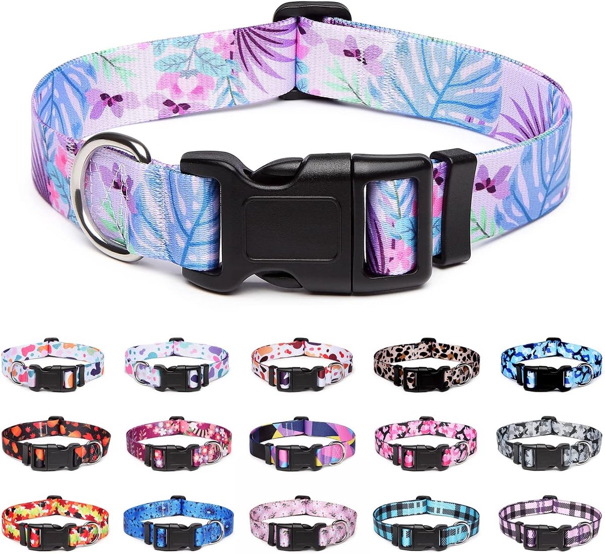 Hondenhalsband verstelbaar L - nylon - paarse bloemen - comfortabele pasvorm voor dagelijks gebruik - SnelShoppen