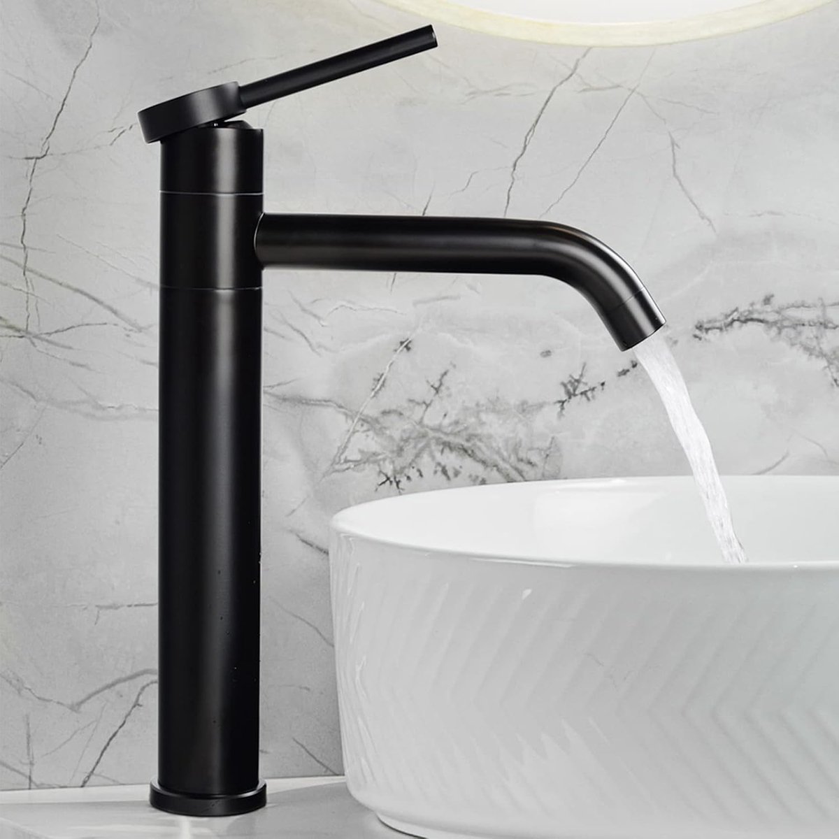 5M3OK-T Bathroom Sink Faucet, High Spout, 360° Rotatable, Single Lever Mixer Tap for Bathroom, Black Tap, 5M3OK-T - ShopVlot