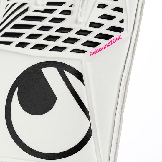Witte keepershandschoen met zwart Uhlsport logo en 'ReboundZONE' tekst in roze.