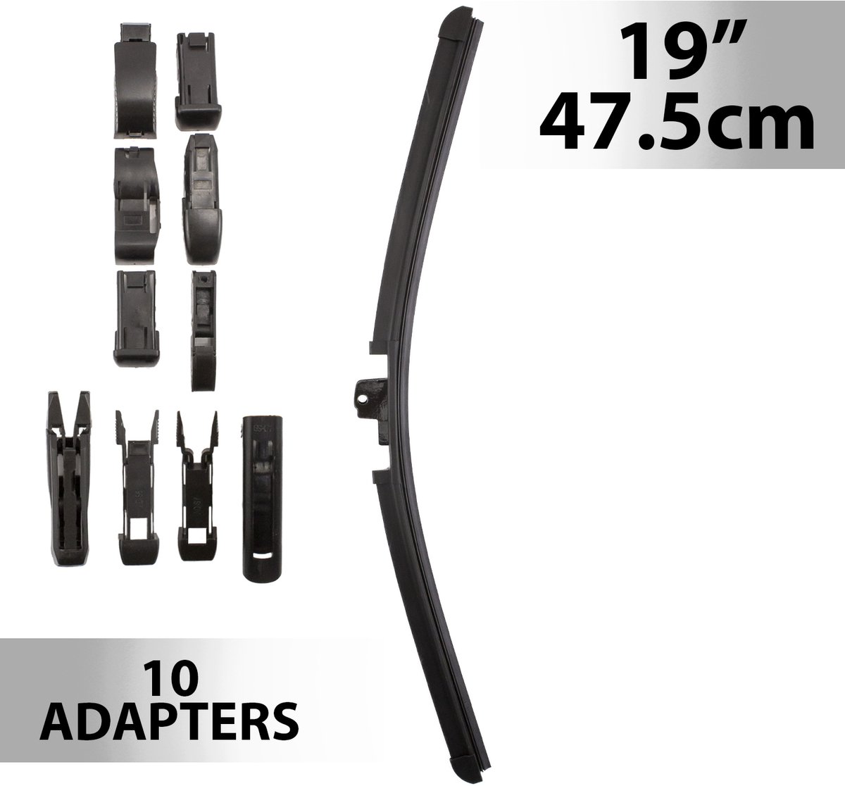 Universele Auto Ruitenwisser 47,5 cm (19") met 10 Adapters - Geschikt voor de Meeste Auto’s, Weerbestendig & Streepvrij Zicht [55739N]