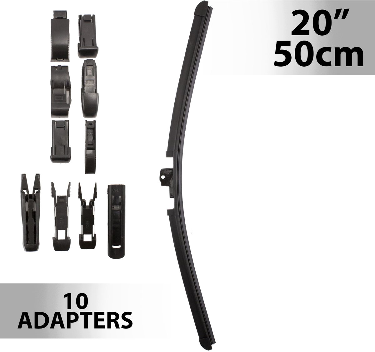 Universele Auto Ruitenwisser 50 cm (20") met 10 Adapters - Geschikt voor de Meeste Auto’s, Weerbestendig & Streepvrij Zicht [55740N]