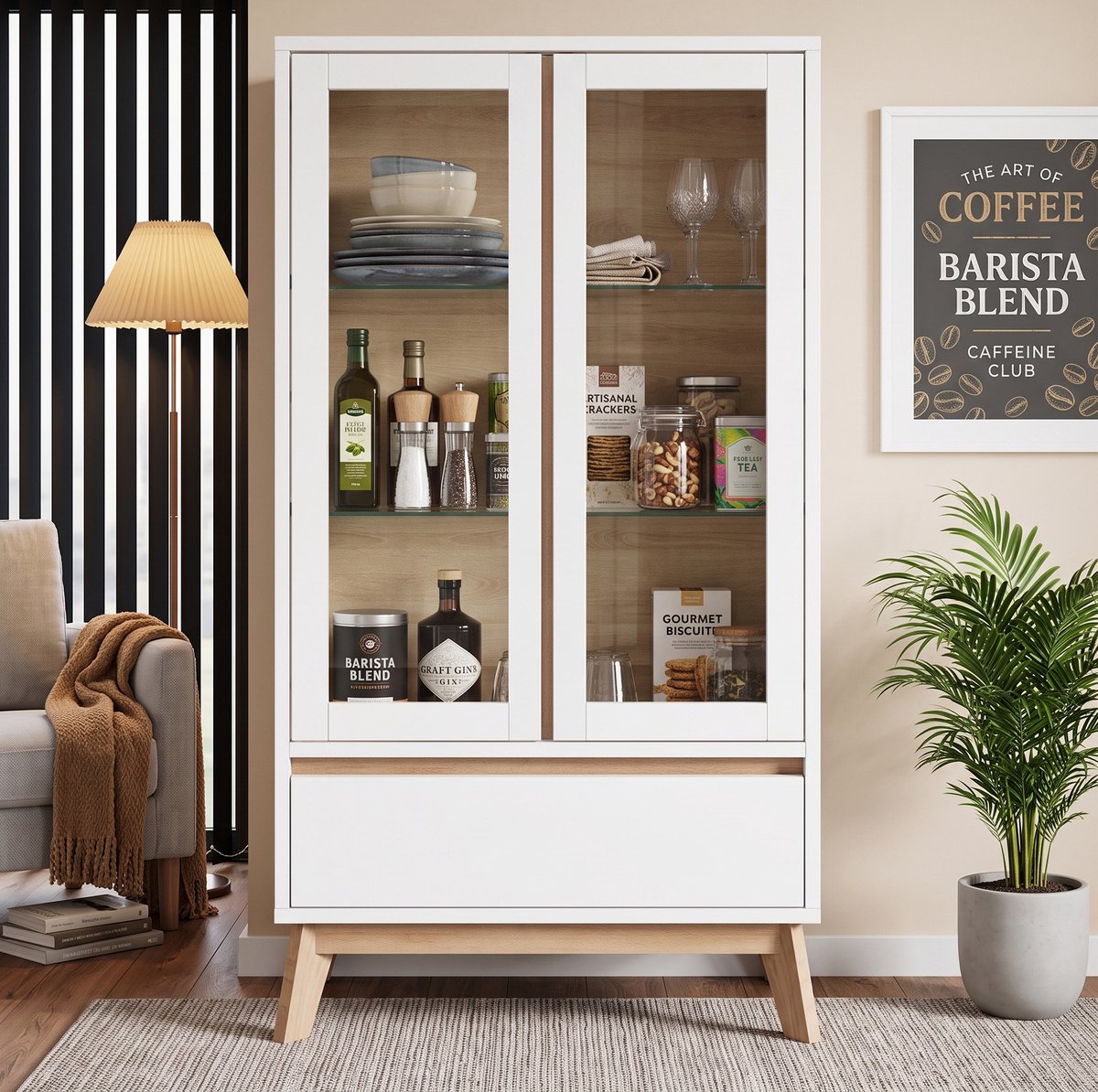 OKWISH Keukenkast – Vitrinekast Met Verstelbare Legplanken – 80 x 40 x 150 cm – 2 Glazen Deuren En 1 Lade – Wit Met Houtkleur