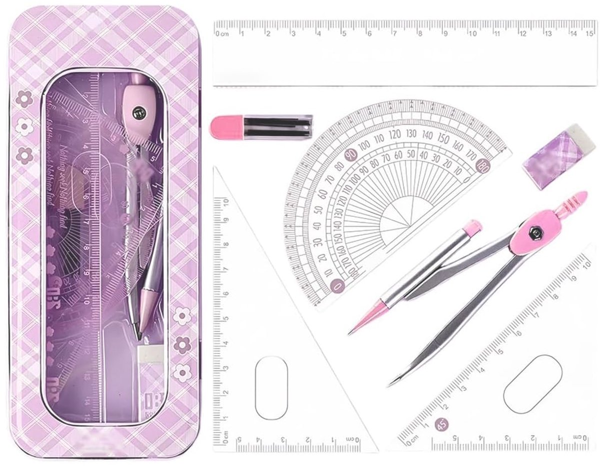 Geometrie passer set - compleet met gradenboog en liniaal - roze - ideaal voor schoolgebruik - ShopVlot