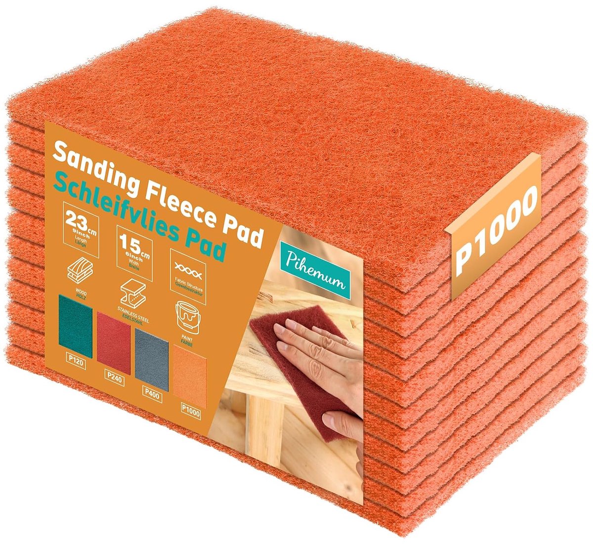 Schuurvilt pads set van 12 - 23 x 15 cm - oranje korrel 1000 - voor spiegelglans afwerking - ShopVlot