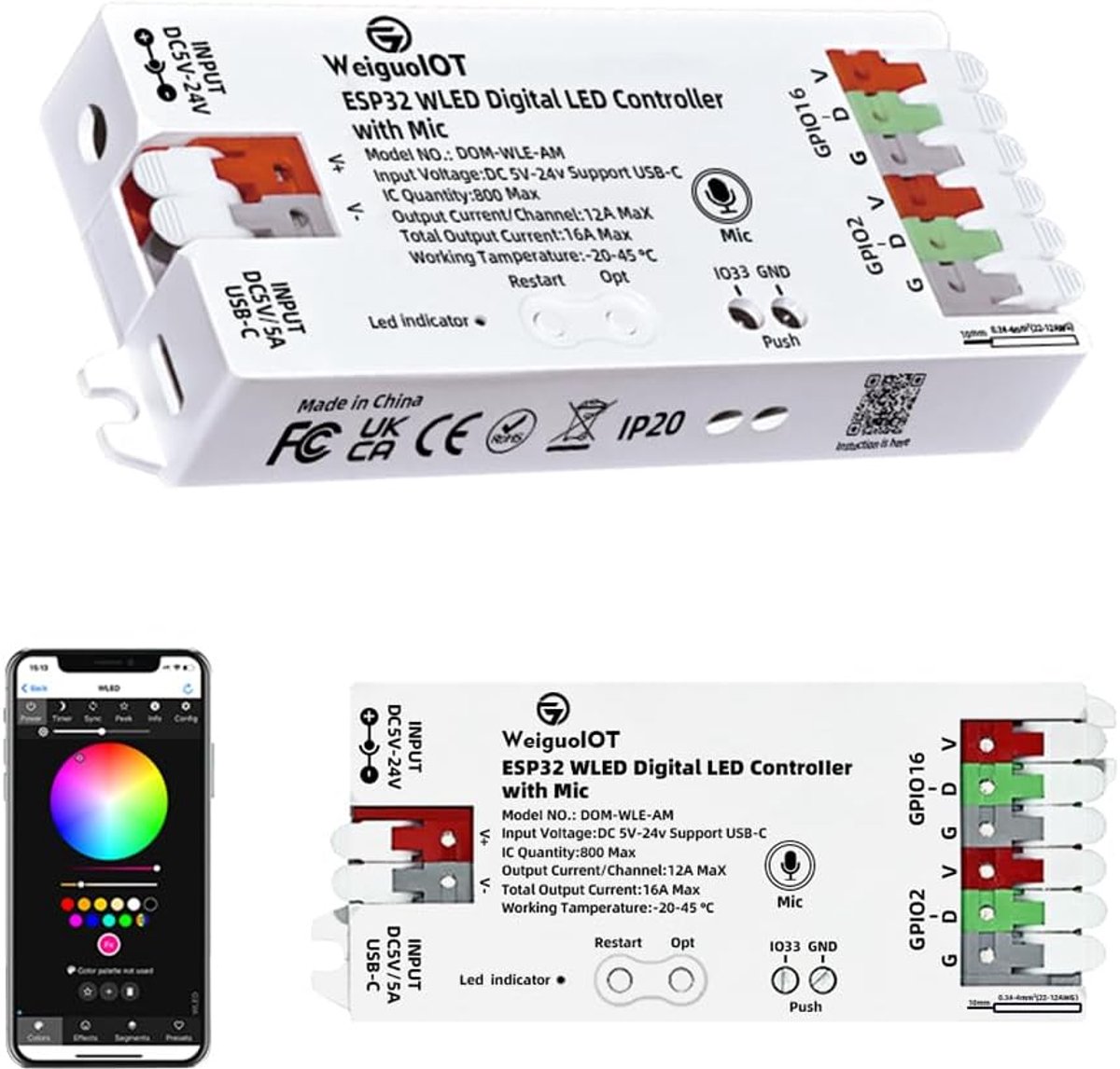 LED strip controller met microfoon - muziekreactief - USB-C, 5-24V - app controle - ShopVlot