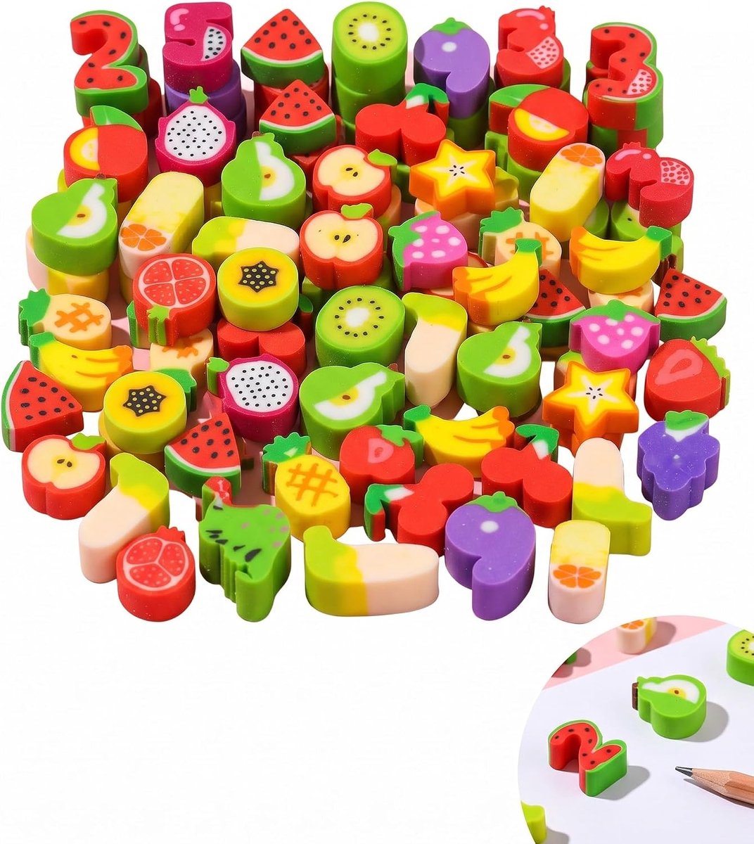 Mini-gumset 100 stuks - fruit- en cijferdesign - grappige gummen - leuk cadeautje voor kinderen - ShopVlot