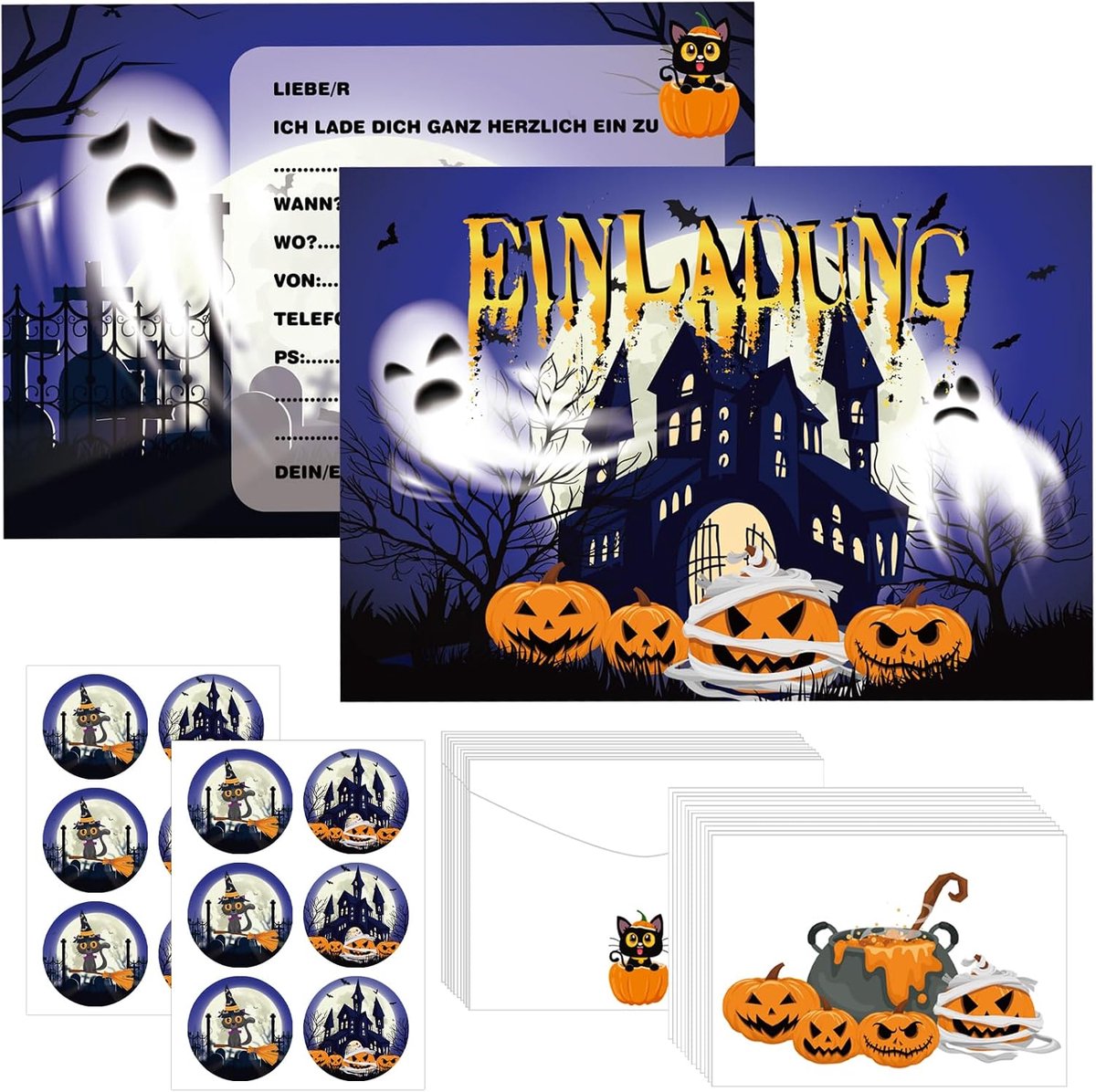 Halloween uitnodigingen 12 stuks - met enveloppen en stickers - pompoen, heks en kasteel thema - ShopVlot