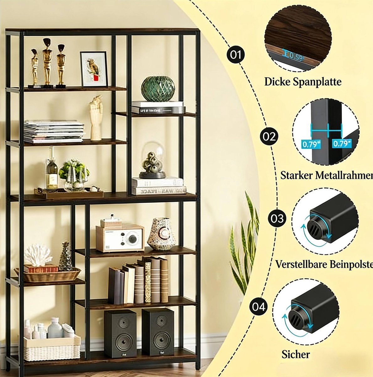 Boekenkast – Industrieel Open Ontwerp – 100 X 30 X 200 Cm – Metaal En Spaanplaat – Zwart En Rustiek Bruin – Voor Woonkamer En Leeshoek