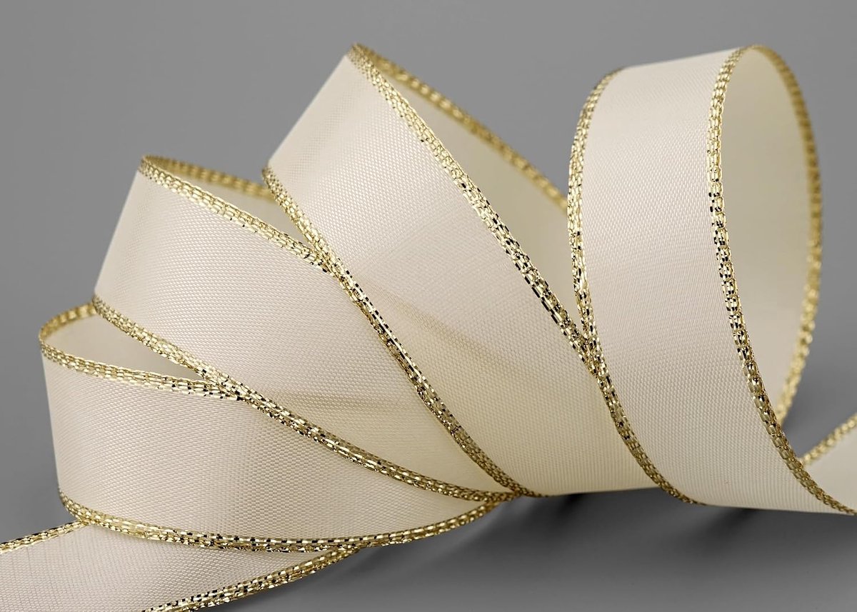 50 m x 25 mm taftlint met gouden rand, crème goud zonder draad, taffetap, decoratief lint, kerstcadeaulint, decoratielint lurex glans, stoffen lint metallic