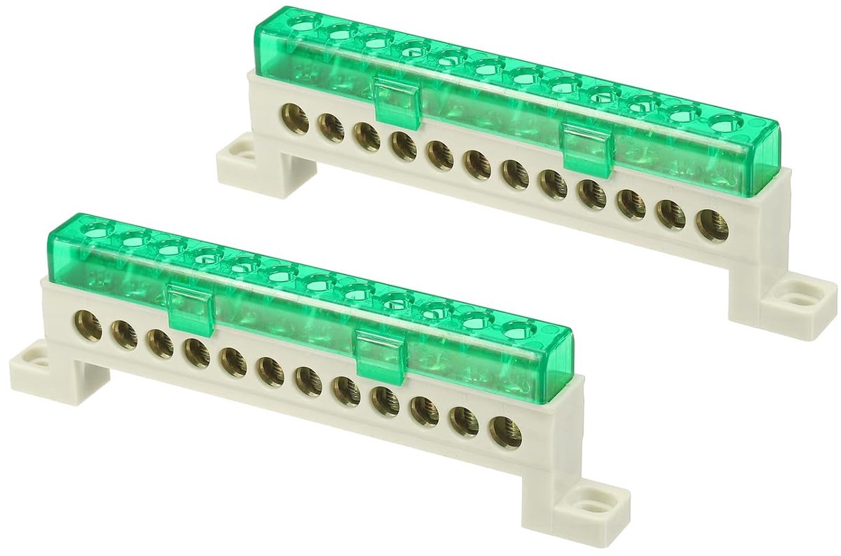 2 stuks aardingsstang met klem, 12 posities klemlijst van messing met schroef, aardblok 7 x 11 mm voor elektrische apparaten, verdelerkast, groen