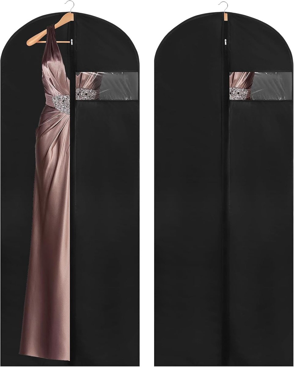 Kledingzak, lang, 2 stuks, 60 x 180 cm, zwart, met ritssluiting | Peva stof- en vochtwerend, kijkvenster, opvouwbaar, voor jurken, jassen en pakken