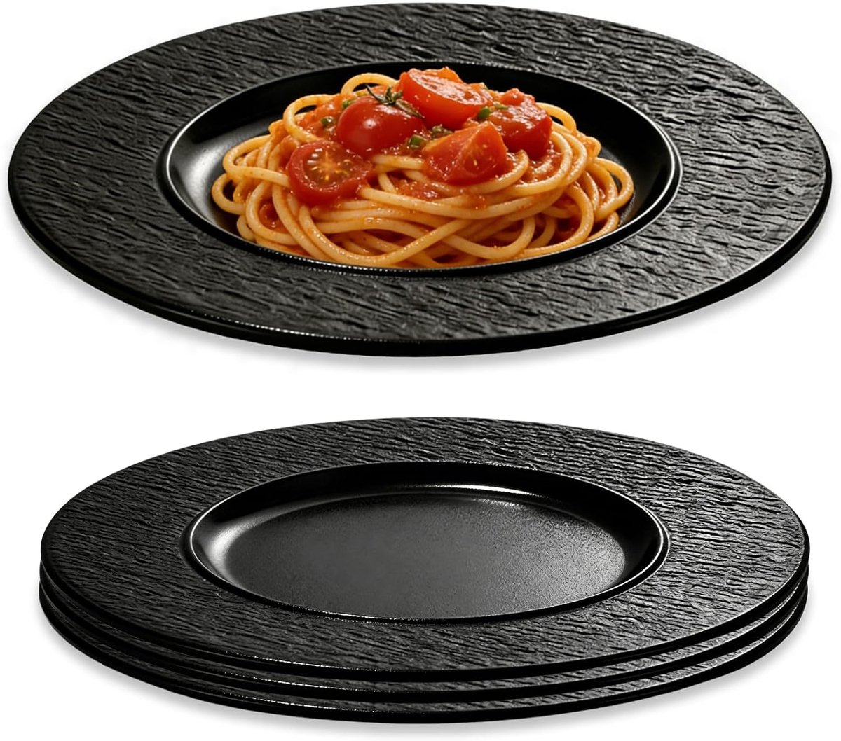 Set van 4 platte borden, zwart, van melamine, 21,5 cm, eetborden en taartborden, herbruikbaar, lichte slaborden voor ontbijt, lunch- en diner, grill en outdoor