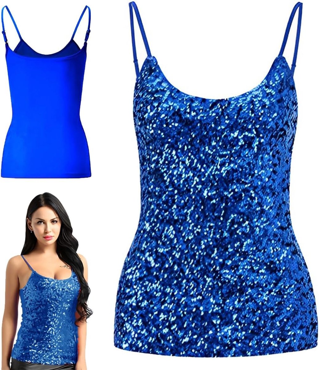 Damestops met pailletten, mouwloos glitterhemdje, verstelbare bandjes, dagelijkse haltertop, blouse, T-shirts voor nachtclub, feest, optredenskostuum