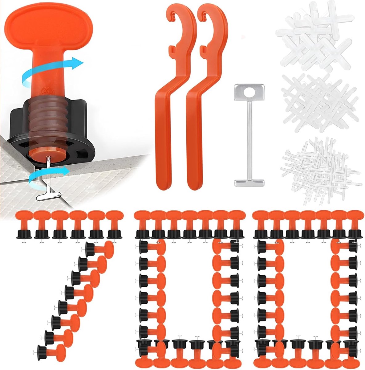 700-delige tegelnivelleringssysteem, met 100 tegels, wiggen, herbruikbaar, 200 stuks van 1 mm/2 mm/3 mm tegelkruisjes, 50 reservestalen naalden en 2 sleutels voor wand-, plafond- en vloertegels