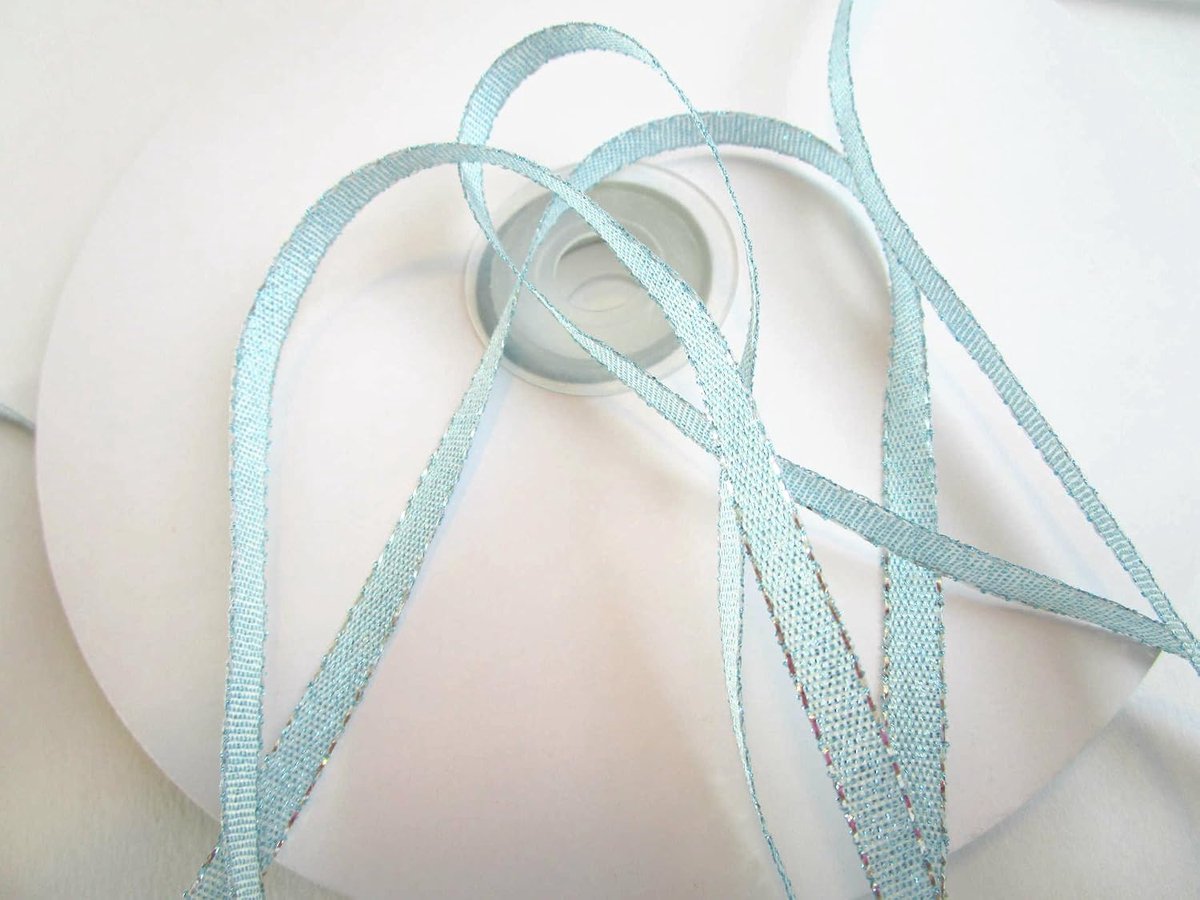 50 m brokaatband Lurex -glitterband in 6 mm breedte met weefkant: Helder blauw-zilver