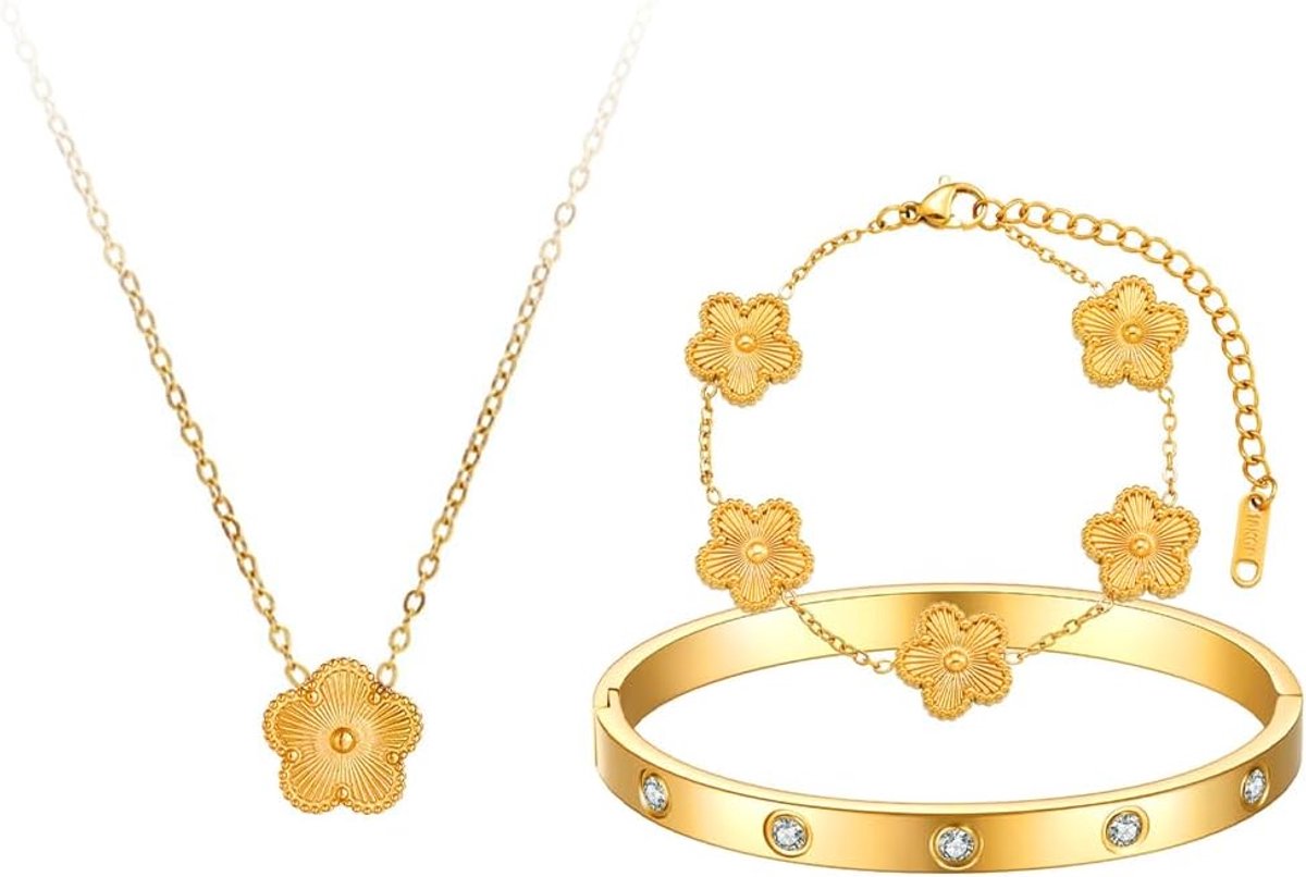 3 stuks klavertje vier sieraden set voor vrouwen 18K vergulde hanger ketting stapelen bloem armband kristal armband manchet set sieraden cadeau voor verjaardag Valentijnsdag BFF