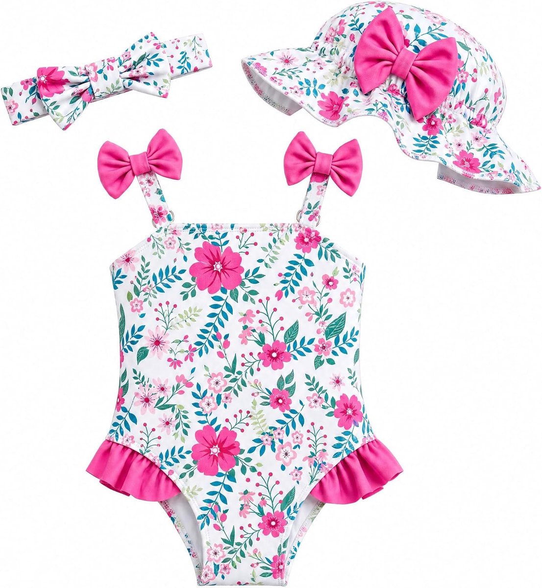 Badpak voor babymeisjes, 3-delig, met zonnehoed en hoofdband, eendelige badpakken voor baby's, meisjes, badmode, zwempak, uv-beschermende kleding voor 3 maanden - 3 jaar