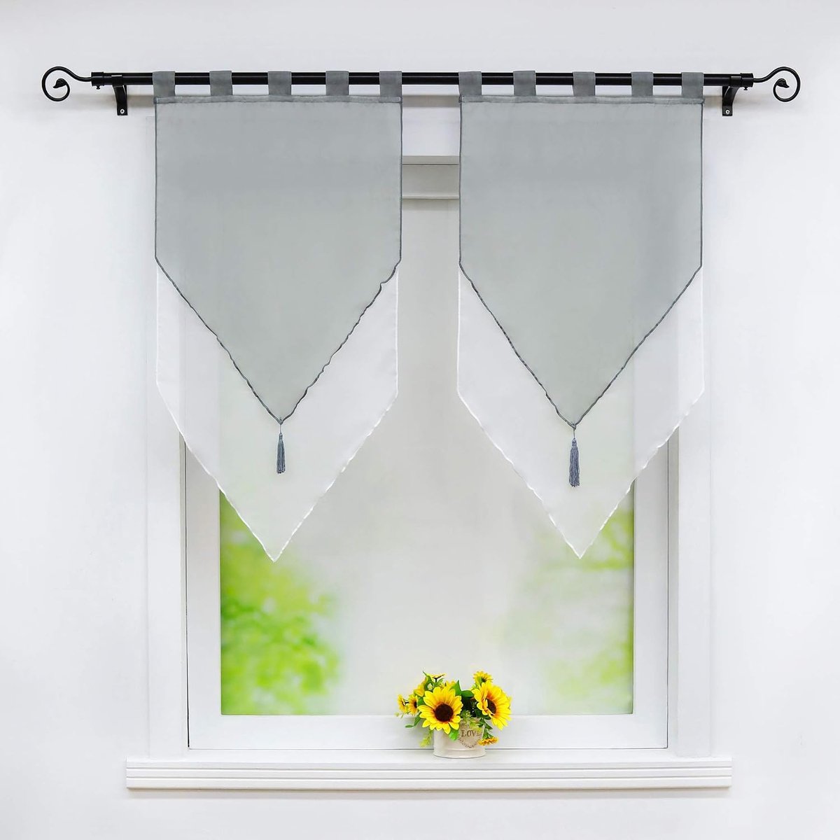 Lydia Set van 2 Dubbellaags Transparante Polyester Schuifgordijnen met Franje met Pompon Raamdecoratie voor Keuken Woonkamer Grijs/Wit LxH 45 x 90 cm
